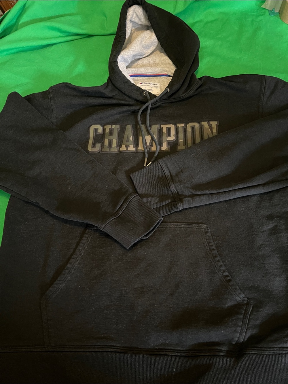 Champion Black Hoodie with Gray Lined Hood and Front Logo